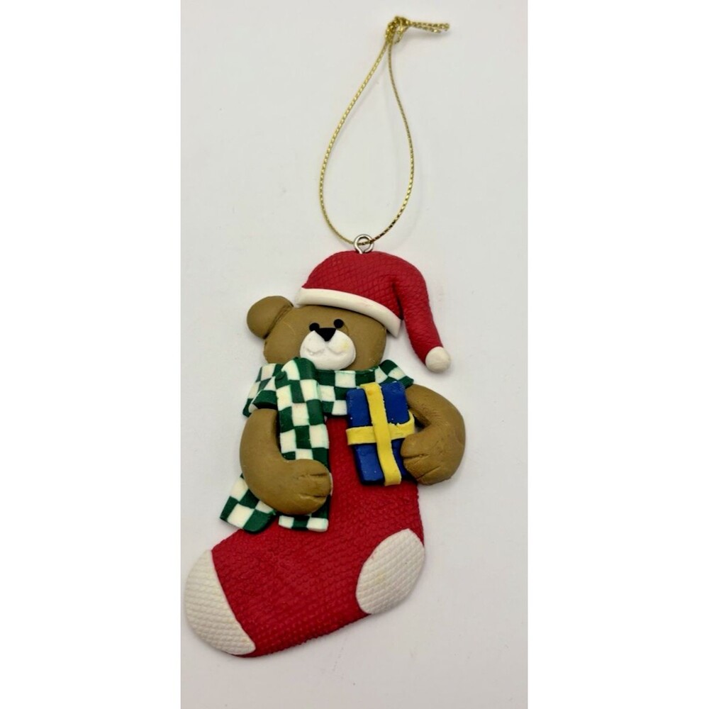 Teddy Bear in Stocking Christmas Ornament 2006 Ceramic Scarf Present Handmade